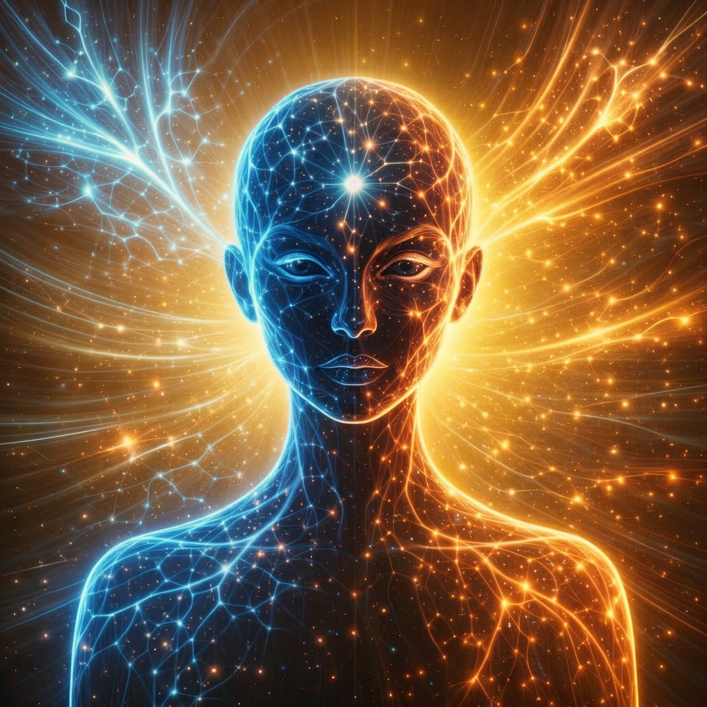 Human silhouette with interconnected glowing neural-like network in blue and gold